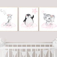 Animal nursery, nursery decor girl pink gray, nursery decor girl woodland animals, penguin, elephant, giraffe, baby girl nursery prints