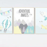 Adventure nursery, yellow, teal, lilac, hot air balloon nursery, adventure awaits, gender neutral , nursery wall art boy airplane, mountain