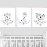 Purple nursery, Floral jungle animals, nursery decor girl flowers, lavender, nursery decor girl boho, floral nursery prints, lilac, elephant