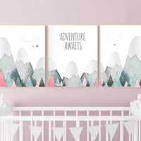 Nursery decor girl mountain, adventure nursery, adventure theme nursery, woodland, gender neutral, adventure awaits, mountains, forest