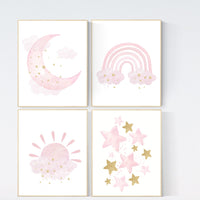 Pink gold nursery, Nursery wall art girl, rainbow, moon and star, cloud, sun, baby room decor, girl nursery art, gold nursery wall decor