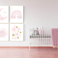 Pink gold nursery, Nursery wall art girl, rainbow, moon and star, cloud, sun, baby room decor, girl nursery art, gold nursery wall decor