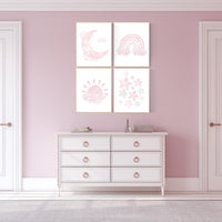 Nursery prints girl, pink grey, rainbow, moon and star, cloud, sun, baby room decor, girl nursery wall art, pink gray, nursery wall decor