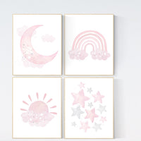Nursery prints girl, pink grey, rainbow, moon and star, cloud, sun, baby room decor, girl nursery wall art, pink gray, nursery wall decor