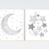 Grey nursery decor, gray nursery decor, moon and cloud nursery decor, grey, moon and stars nursery, gender neutral nursery wall art