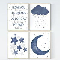 Nursery decor boy, navy nursery wall art boy, moon and stars, navy blue, navy nursery set, star nursery, baby room art, boy nursery prints