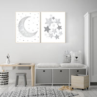 Grey nursery decor, gray nursery decor, moon and cloud nursery decor, grey, moon and stars nursery, gender neutral nursery wall art