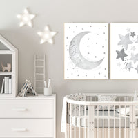 Grey nursery decor, gray nursery decor, moon and cloud nursery decor, grey, moon and stars nursery, gender neutral nursery wall art