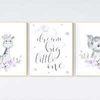 Nursery decor girl boho, Purple nursery, giraffe, elephant, Floral jungle animals, lavender, flower nursery prints, lilac, animal prints