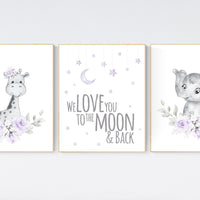 Floral nursery, giraffe, elephant, boho nursery art, Purple nursery, jungle animals, lavender, flower nursery prints, lilac, animal prints
