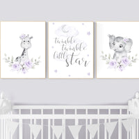 Nursery decor girl boho, Purple nursery, giraffe, elephant, Floral jungle animals, lavender, flower nursery prints, lilac, animal prints