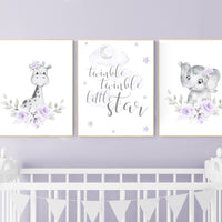 Nursery decor girl boho, Purple nursery, giraffe, elephant, Floral jungle animals, lavender, flower nursery prints, lilac, animal prints