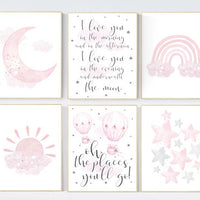 Nursery prints girl, pink grey, rainbow, moon and star, cloud, sun, baby room decor, girl nursery wall art, pink gray, nursery wall decor