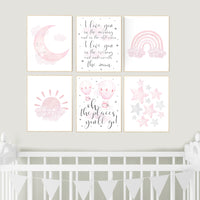Nursery prints girl, pink grey, rainbow, moon and star, cloud, sun, baby room decor, girl nursery wall art, pink gray, nursery wall decor