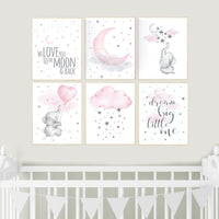 Girl nursery decor, pink gray, nursery decor girl elephant, Nursery decor elephant, girl room wall art, baby nursery wall art, moon, stars