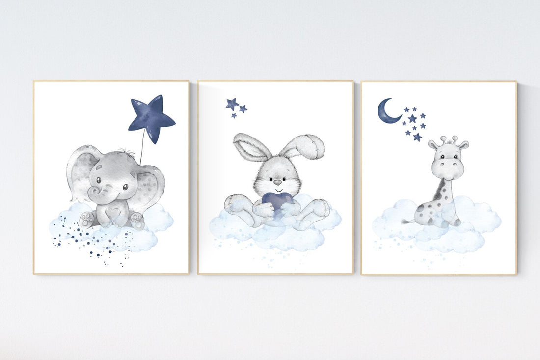 Nursery decor animals, elephant, bunny, giraffe, animal nursery prints, navy blue nursery, baby room wall decor, woodland animals