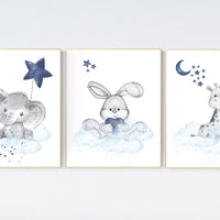 Nursery decor animals, elephant, bunny, giraffe, animal nursery prints, navy blue nursery, baby room wall decor, woodland animals
