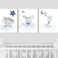 Nursery decor animals, elephant, bunny, giraffe, animal nursery prints, navy blue nursery, baby room wall decor, woodland animals