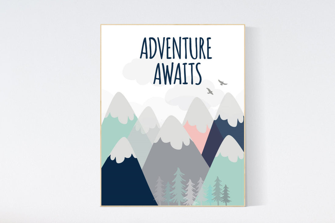 Nursery decor boy adventure, mountain nursery wall art, woodland, adventure awaits, nursery decor neutral, baby room decor mountains