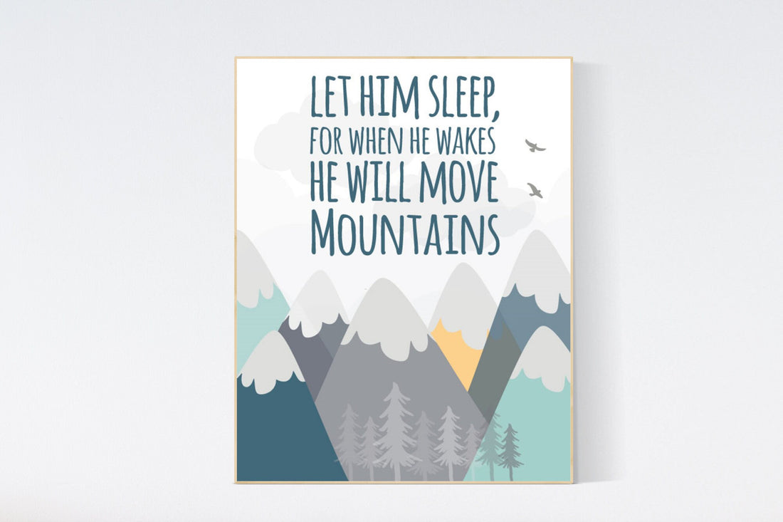 Nursery decor adventure, mountain nursery wall art, woodland, let him sleep for when he wakes, nursery decor neutral, nursery wall decor