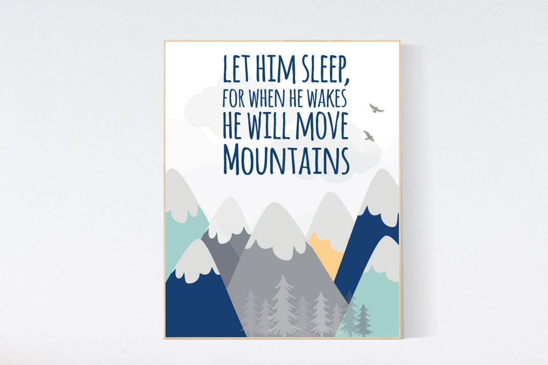 Nursery decor adventure, mountain nursery wall art, woodland, let him sleep for when he wakes, nursery decor neutral, nursery wall decor