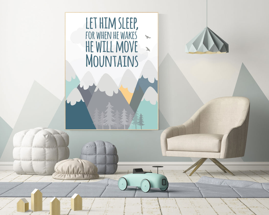 Nursery decor adventure, mountain nursery wall art, woodland, let him sleep for when he wakes, nursery decor neutral, nursery wall decor