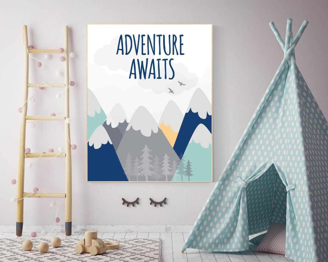 Nursery decor adventure, mountain nursery wall art, woodland, adventure awaits, nursery decor neutral, baby room decor mountains