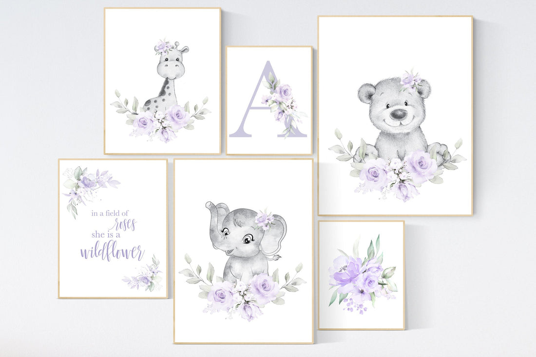Nursery decor boho, nursery decor girl purple, nursery decor girl floral, elephant, giraffe, bear, name nursery, lilac, lavender, flower
