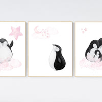 Penguin nursery, pink nursery wall art, girl nursery, baby room wall art, nursery wall art penguin, nursery decor girl, penguins, baby room