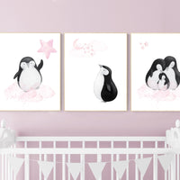 Penguin nursery, pink nursery wall art, girl nursery, baby room wall art, nursery wall art penguin, nursery decor girl, penguins, baby room