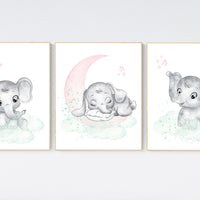 Nursery decor girl pink mint, Nursery wall art girl elephant, pink and mint, moon, stars, nursery prints, baby room decor, girl nursery