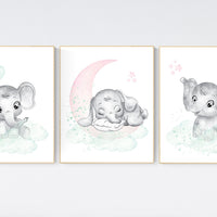 Pink and mint nursery, elephant nursery, Nursery decor girl pink mint, Nursery wall art girl elephant, nursery prints, girl nursery wall art