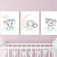 Pink and mint nursery, elephant nursery, Nursery decor girl pink mint, Nursery wall art girl elephant, nursery prints, girl nursery wall art