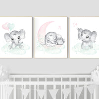 Pink and mint nursery, elephant nursery, Nursery decor girl pink mint, Nursery wall art girl elephant, nursery prints, girl nursery wall art