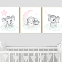 Nursery decor girl pink mint, Nursery wall art girl elephant, pink and mint, moon, stars, nursery prints, baby room decor, girl nursery