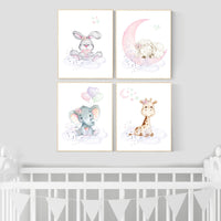Nursery wall art girl elephant, giraffe, sheep, bunny, pink, mint, purple, cloud and stars, baby room art, girl nursery prints