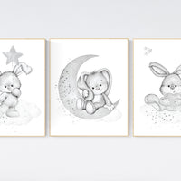 Nursery wall art grey, gray nursery, bunny, nursery decor neutral, baby room decor gender neutral, moon and stars, grey nursery decor