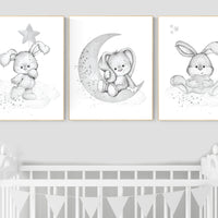 Nursery wall art grey, gray nursery, bunny, nursery decor neutral, baby room decor gender neutral, moon and stars, grey nursery decor