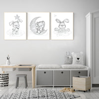Nursery wall art grey, gray nursery, bunny, nursery decor neutral, baby room decor gender neutral, moon and stars, grey nursery decor