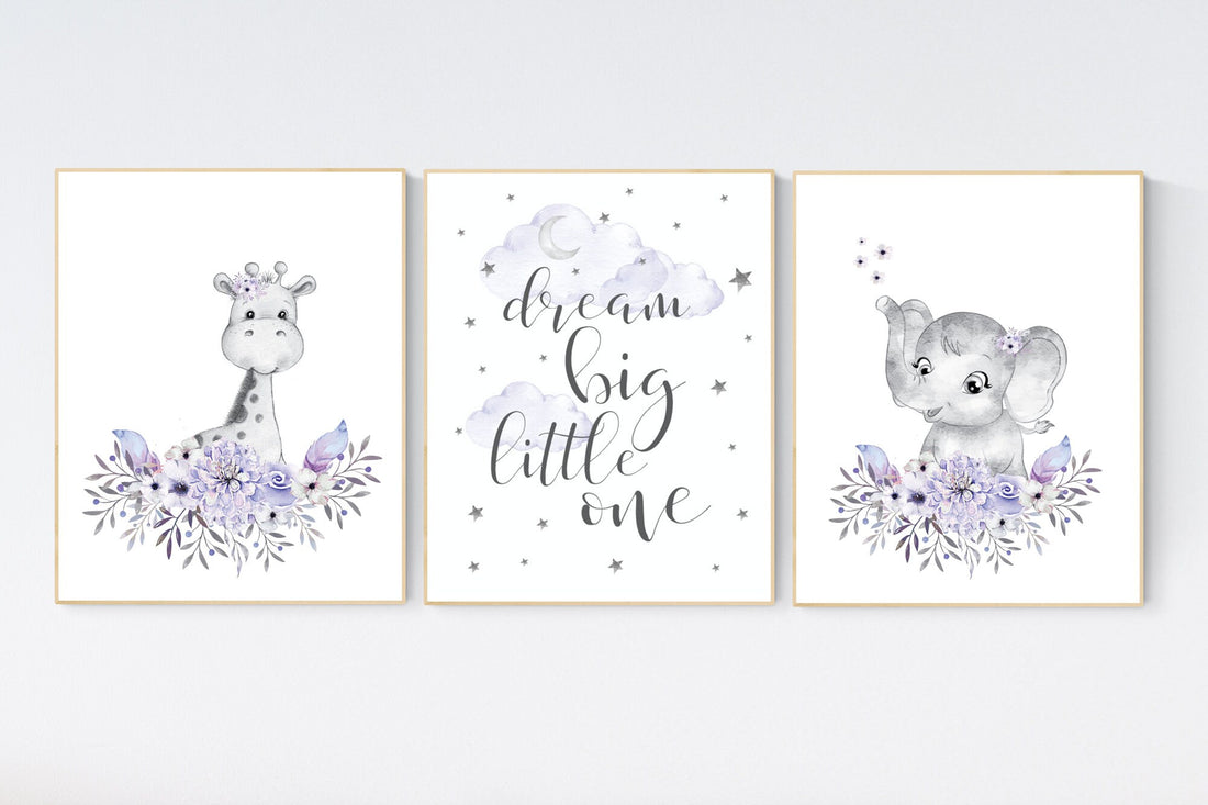 Nursery decor boho, Purple nursery, nursery wall art elephant, giraffe, nursery decor girl, nursery decor girl floral, lilac, lavender