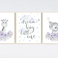 Nursery decor boho, Purple nursery, nursery wall art elephant, giraffe, nursery decor girl, nursery decor girl floral, lilac, lavender