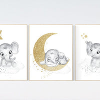 Nursery wall art grey, gray gold nursery, elephant nursery, nursery decor neutral, baby room decor gender neutral, moon and stars, grey gold