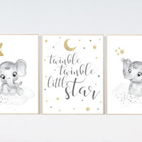 Nursery wall art grey, gray gold nursery, nursery decor neutral, elephant nursery, baby room decor gender neutral, nursery ideas neutral