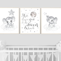 Nursery wall art grey, gray nursery, elephant, nursery decor neutral, baby room decor gender neutral, moon and stars, grey nursery decor