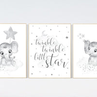 Nursery wall art grey, gray nursery, elephant, nursery decor neutral, baby room decor gender neutral, moon and stars, grey nursery decor