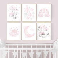 Nursery decor girl pink and gray, pink grey nursery, moon and star, girl nursery wall art, nursery prints girl, rainbow nursery wall decor