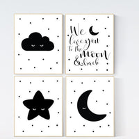 Nursery wall art black and white, gender neutral, baby room decor, sun, cloud, moon and stars, black white, nursery wall decor, twin nursery