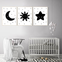 Nursery wall art black and white, gender neutral, baby room decor, sun, moon and stars, black white, nursery wall decor, twin nursery decor