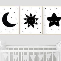 Nursery wall art black and white, gender neutral, baby room decor, sun, moon and stars, black white, nursery wall decor, twin nursery decor