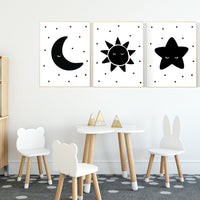 Nursery wall art black and white, gender neutral, baby room decor, sun, moon and stars, black white, nursery wall decor, twin nursery decor